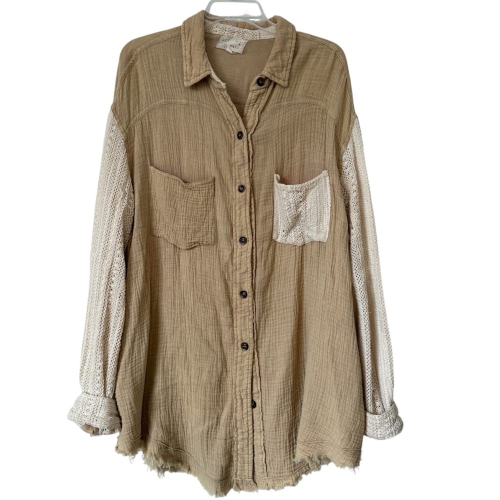 Oli & Hali Gauze Crochet Lace sleeve Shacket Button up Top Medium Tan Boho